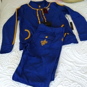 Brand New Royal Blue Velvet BCBG track suit with gold trim and sparkle logo Sz M